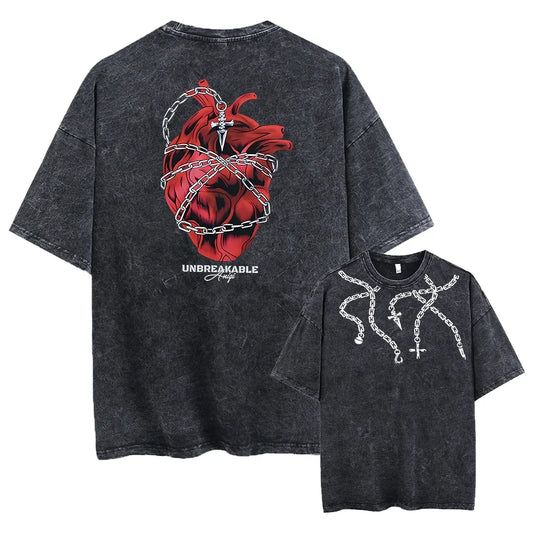 Black t-shirt with spider design on the back and star and number 4 design on the front, displayed on a white background.