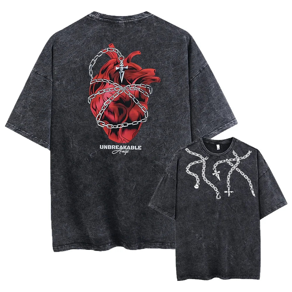 Black t-shirt with spider design on the back and star and number 4 design on the front, displayed on a white background.